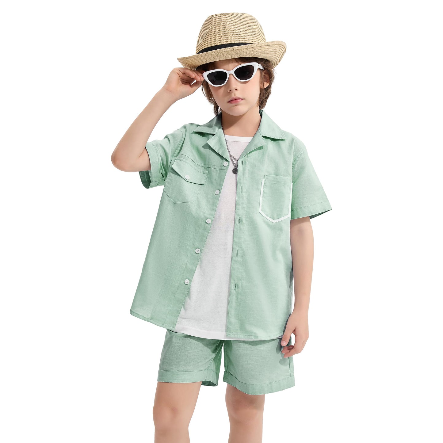 LOLANTA Set 2 Pezzi Abbigliamento Estivo Bambino, Camicia a Maniche Corte con Bottoni e Pantaloncini in Lino e Cotone, 5-12 Anni