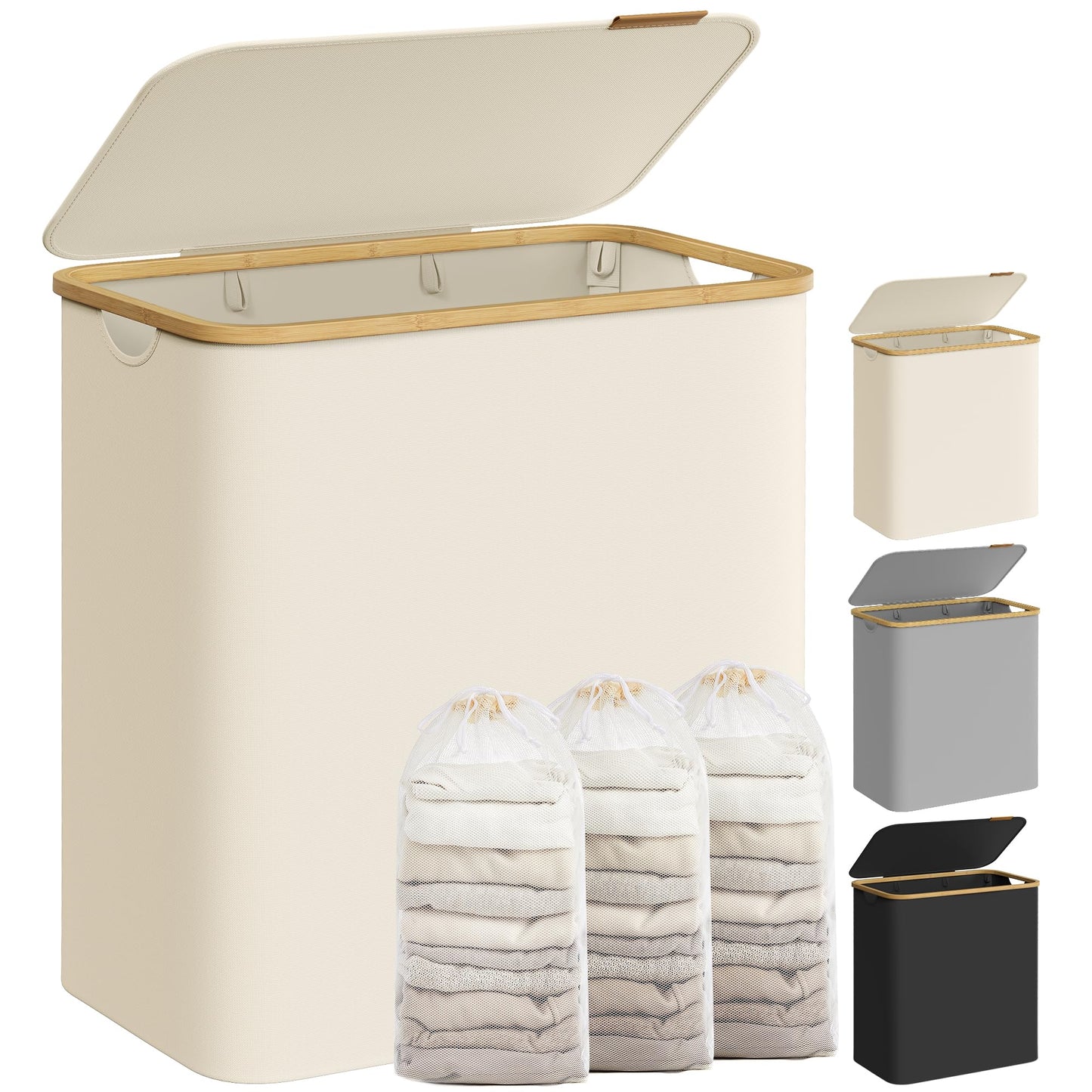 SONGMICS Cesto Portabiancheria con Coperchio, Cesta per Bucato, 65L, Salvaspazio, Sacco Rimovibile, Tessuto Oxford, Manici di Bambù, Pieghevole, 42 x 22,5 x 70,5 cm, Nero Inchiostro LCB506B01