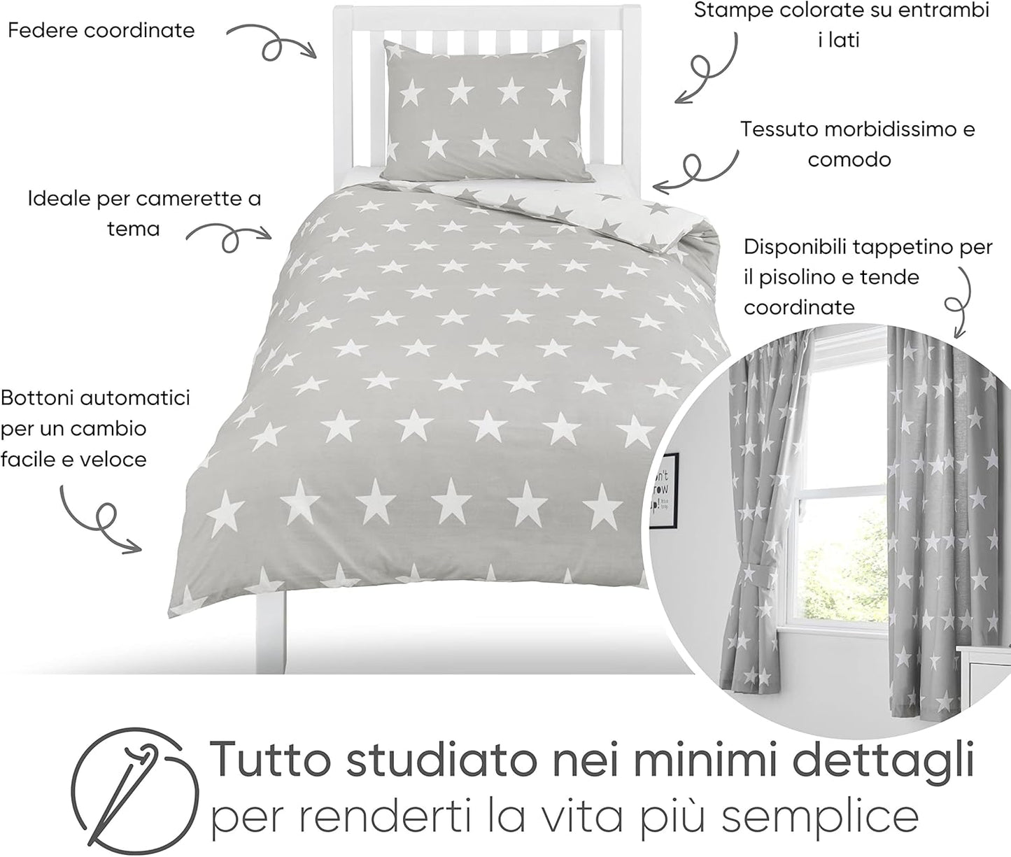 Bloomsbury Mill - Set Copripiumino Singolo Bambino e Bambina - Grigio & Bianco Stelle - Lenzuola Letto Singolo Reversibile - Set di Biancheria da Letto per Bambini - 135x200cm e Federe