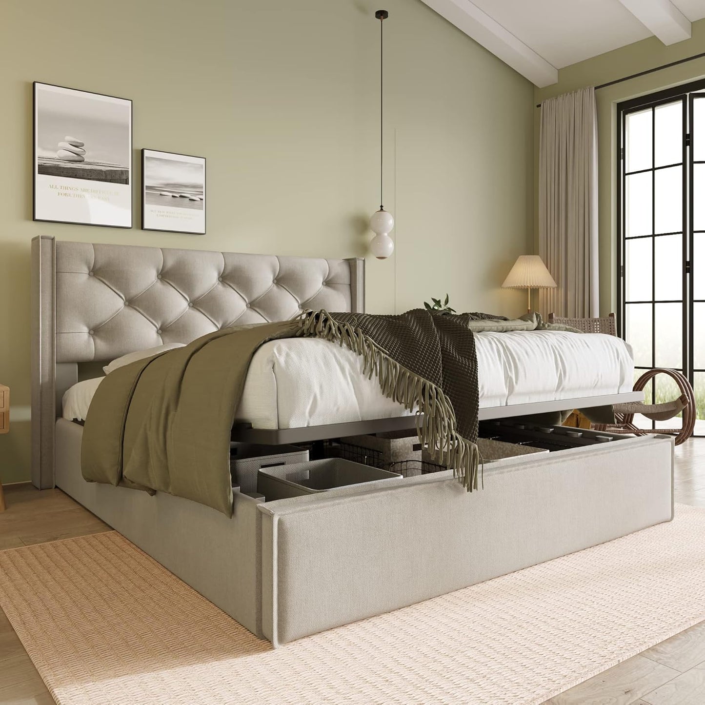 Letto Imbottito 160X200 Idraulico per Adulti con Rete a Doghe in Legno, Struttura e Testata, Moderna con Contenitore Sottoletto, Cotone, Grigio Chiaro, Senza Materasso