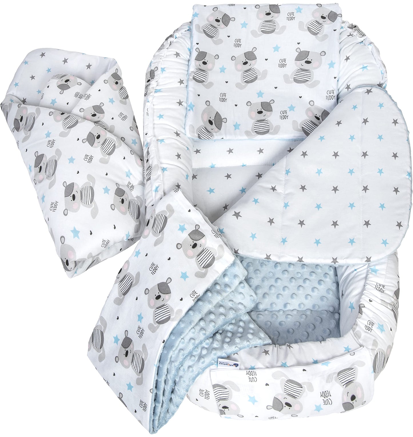 Medi Partners 5-Parti Nido per Bebè 100x60x15 Inserto Rimovibile Letto Cuscino Coperta bambini neonati 100% Cotone (Safari con Minky beige)