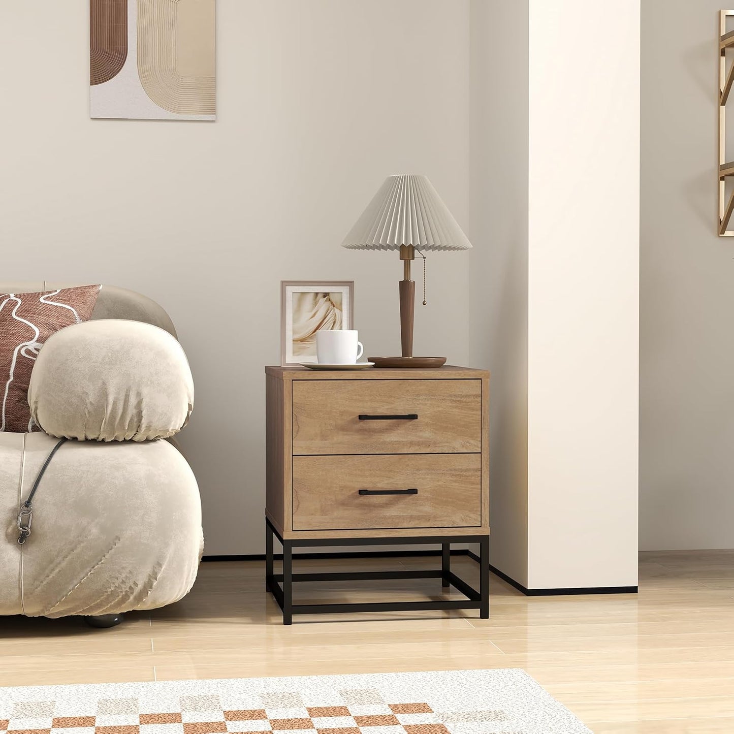 HOMCOM Set di 2 Comodini Camera da Letto con 2 Cassetti, Coppia di Comodini Stile Industriale in Legno e Acciaio, Tavolini per Divano, Soggiorno, Salotto e Camera, 40x39.5x48 cm, Colore Legno
