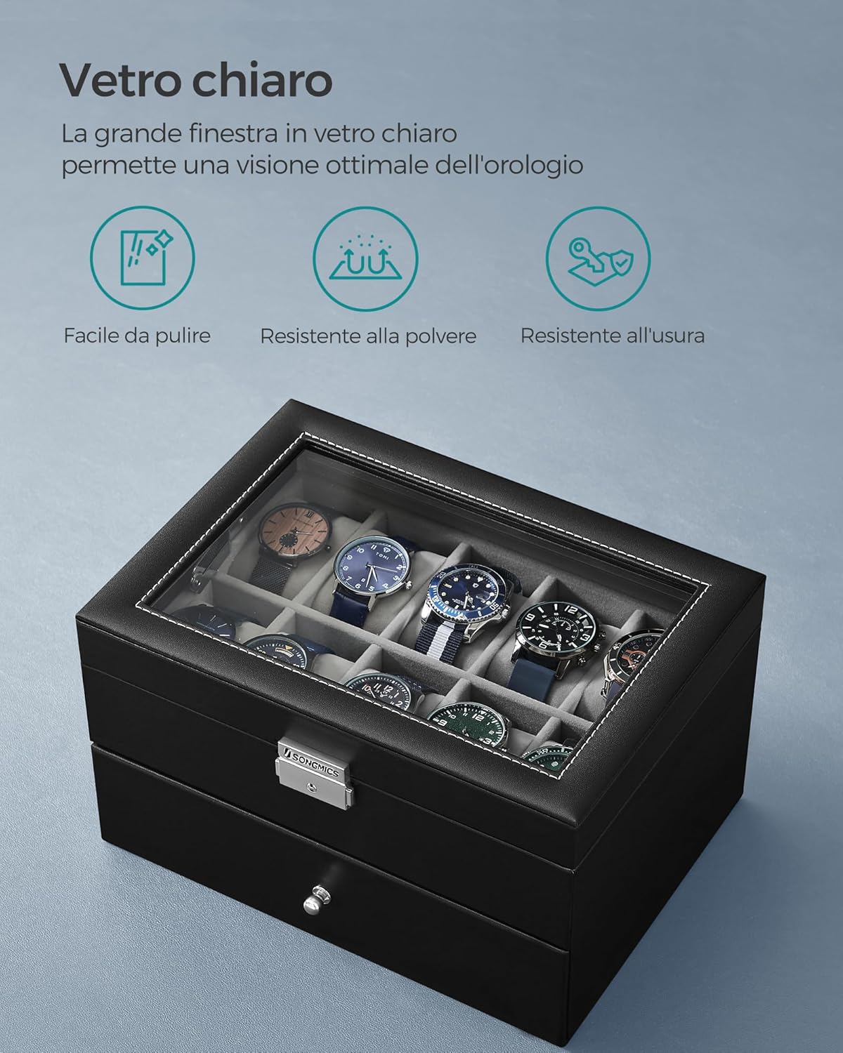 SONGMICS Porta Orologi, Scatola Portaorologi a 2 Livelli, Coperchio in Vetro, con Cuscinetti Rimovibili, Idea Regalo, Superficie in PU Nera, Interno Grigio JWB020