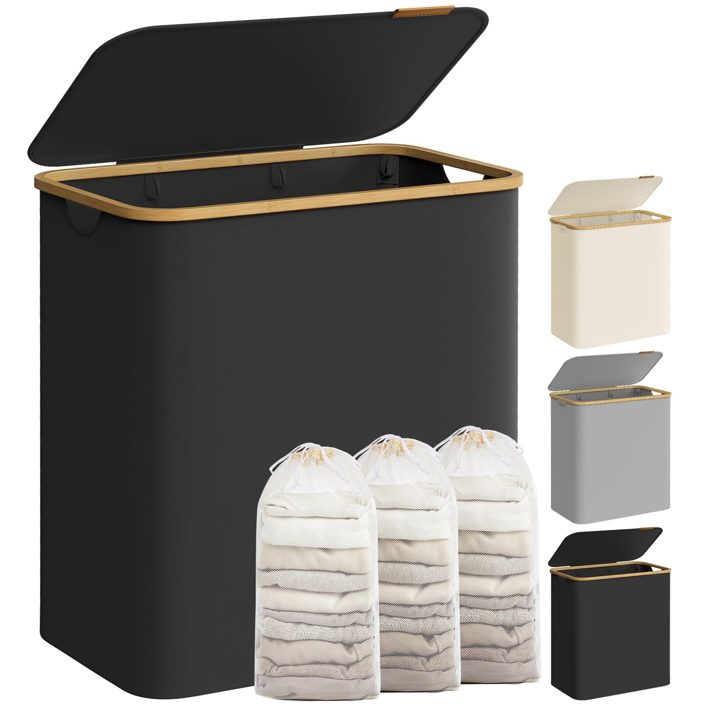 SONGMICS Cesto Portabiancheria con Coperchio, Cesta per Bucato, 65L, Salvaspazio, Sacco Rimovibile, Tessuto Oxford, Manici di Bambù, Pieghevole, 42 x 22,5 x 70,5 cm, Nero Inchiostro LCB506B01
