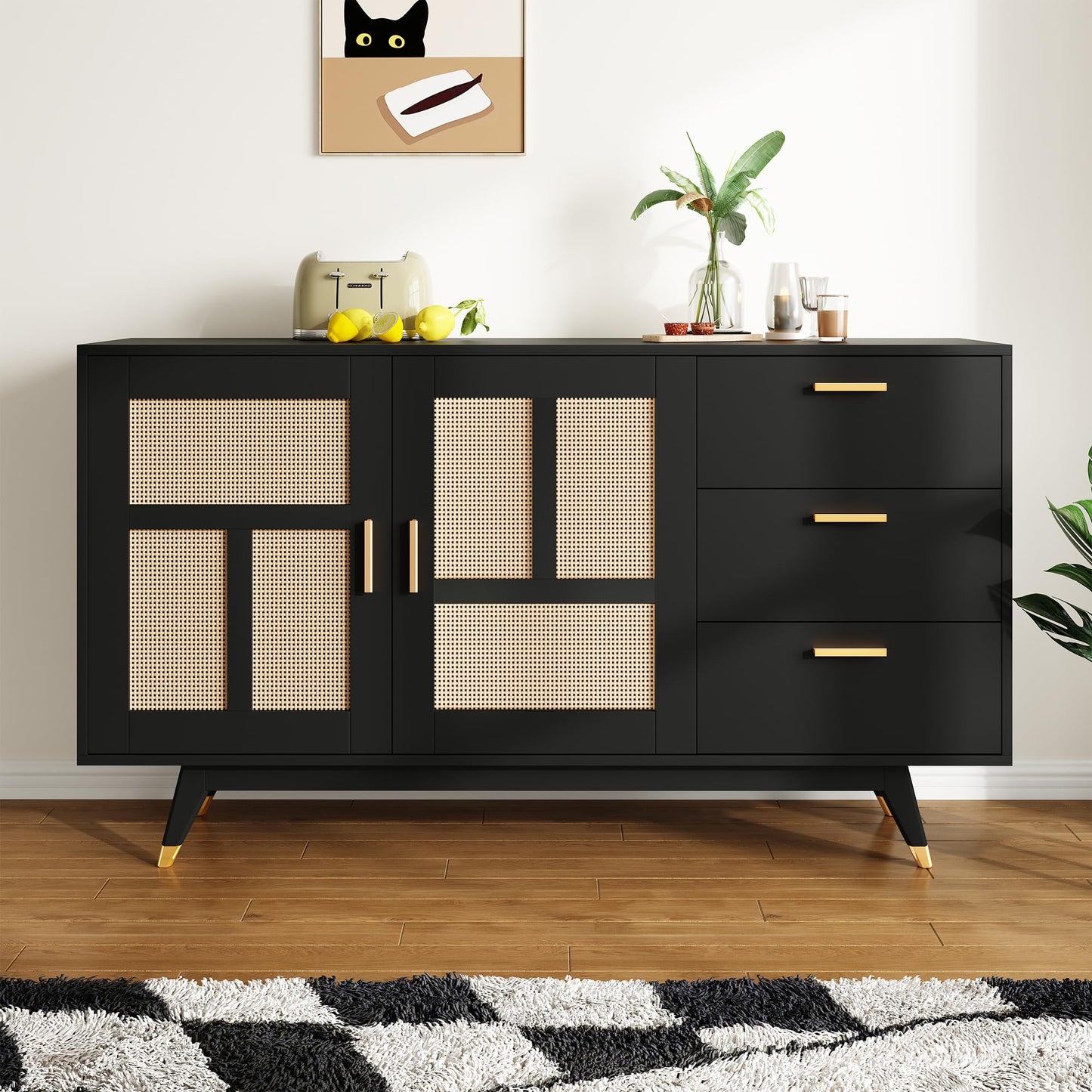 Credenza, armadio da cucina con 4 cassetti e 3 ante, per cucina, buffet con piano di lavoro, per sala da pranzo, soggiorno, 140 x 40 x 80 cm