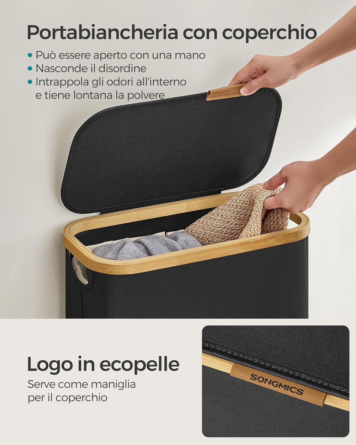 SONGMICS Cesto Portabiancheria con Coperchio, Cesta per Bucato, 65L, Salvaspazio, Sacco Rimovibile, Tessuto Oxford, Manici di Bambù, Pieghevole, 42 x 22,5 x 70,5 cm, Nero Inchiostro LCB506B01