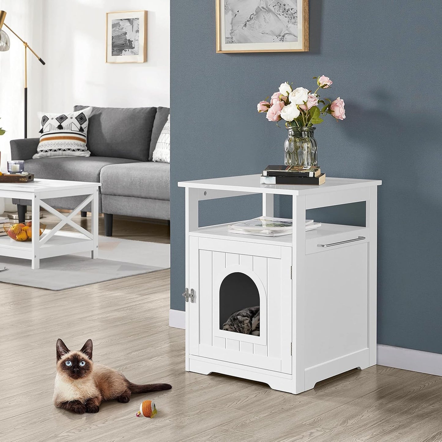 Yaheetech Casetta per Gatti Cuccia in Legno Mobiletto Lettiera per Animali Domestici Armadietto Legno Nido per Gatti Cani Multiuso Bianco 64 x 52 x 49 cm