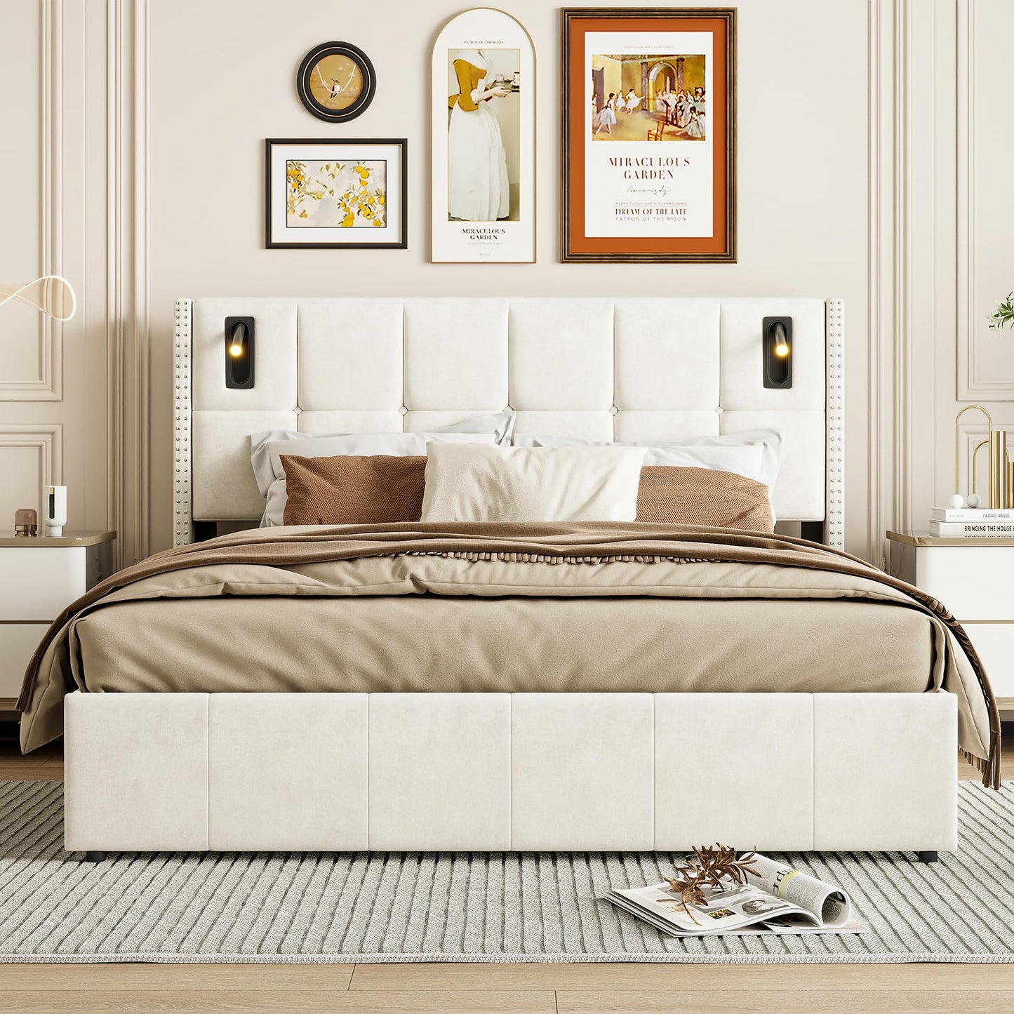 Letto baule 160 x 200 con rete, letto imbottito in velluto con letto matrimoniale, telaio letto imbottito con contenitore letto imbottito per adulti (Beige-B, 160 x 200 cm)