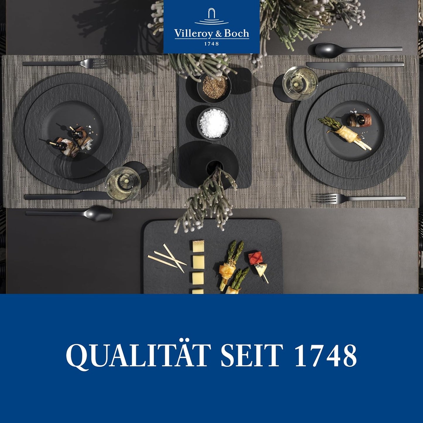 Villeroy & Boch - Manufacture Starter Set 6 Pezzi Nero, Lavabile in Lavastoviglie, Adatto per Microonde, Piatti Ardesia, Scodella, Servizio, Set di Stoviglie, Porcellana Premium
