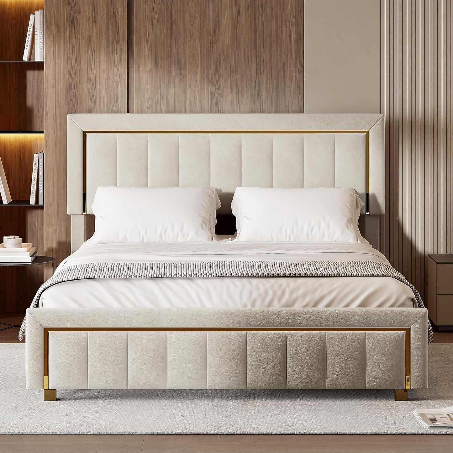 Letto baule 160 x 200 con rete, letto imbottito in velluto con letto matrimoniale, telaio letto imbottito con contenitore letto imbottito per adulti (Beige-B, 160 x 200 cm)