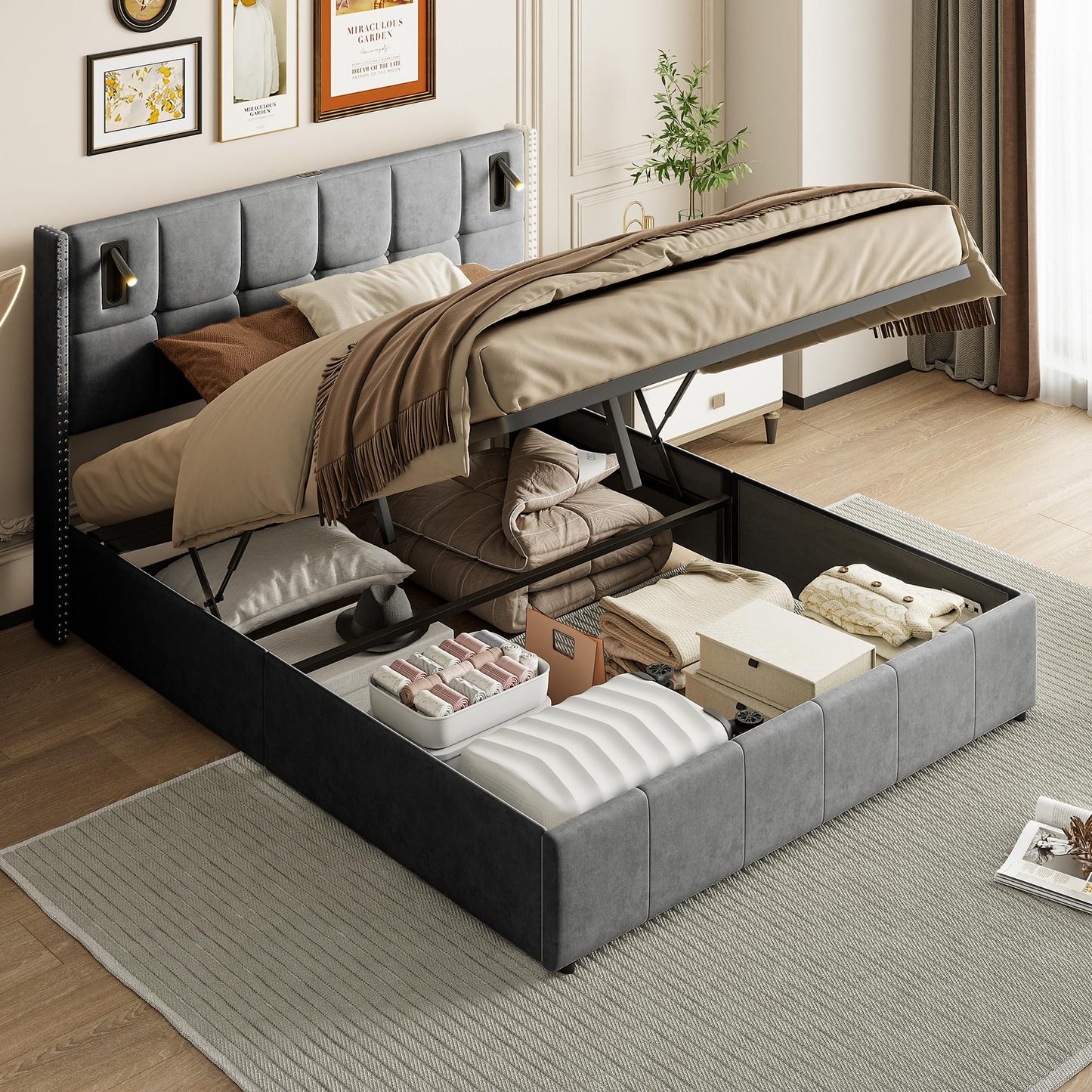 Letto baule 160 x 200 con rete, letto imbottito in velluto con letto matrimoniale, telaio letto imbottito con contenitore letto imbottito per adulti (Beige-B, 160 x 200 cm)