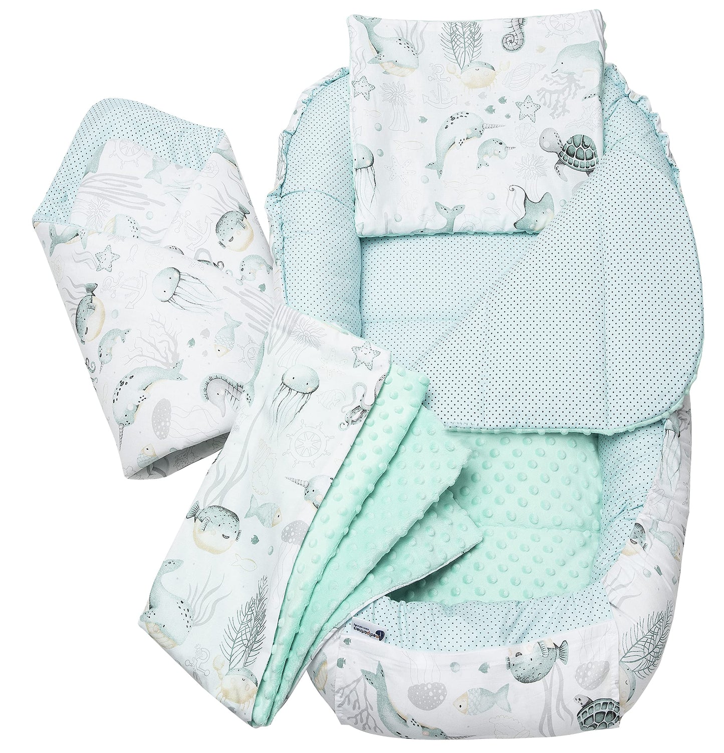 Medi Partners 5-Parti Nido per Bebè 100x60x15 Inserto Rimovibile Letto Cuscino Coperta bambini neonati 100% Cotone (Safari con Minky beige)