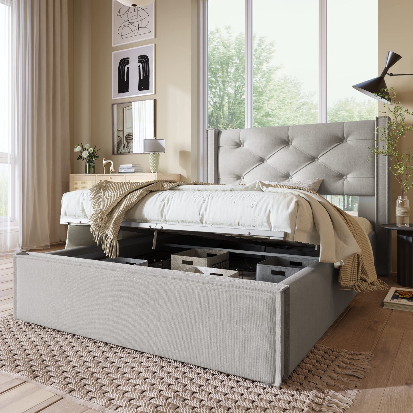 Letto Imbottito 160X200 Idraulico per Adulti con Rete a Doghe in Legno, Struttura e Testata, Moderna con Contenitore Sottoletto, Cotone, Grigio Chiaro, Senza Materasso