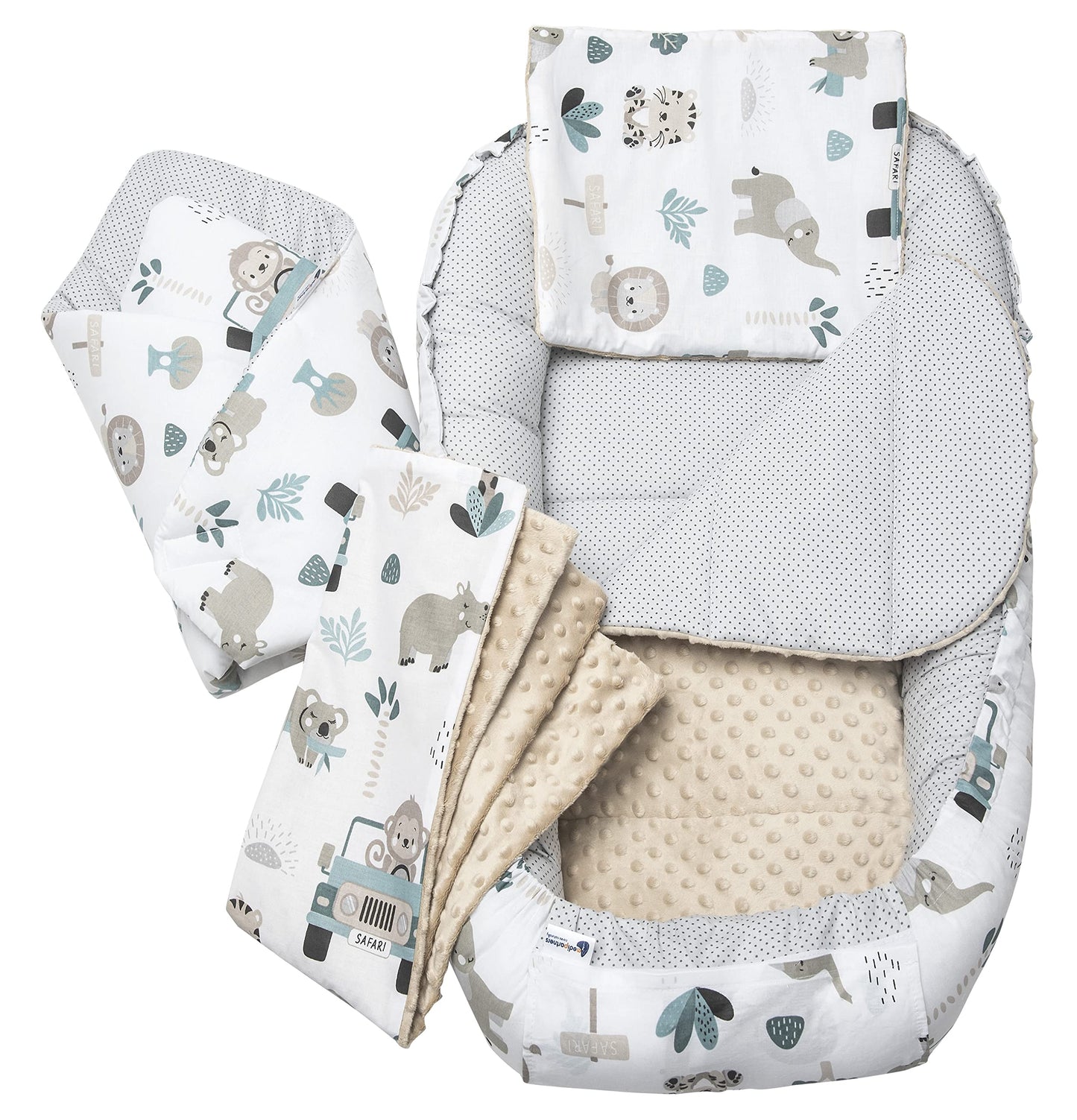 Medi Partners 5-Parti Nido per Bebè 100x60x15 Inserto Rimovibile Letto Cuscino Coperta bambini neonati 100% Cotone (Safari con Minky beige)