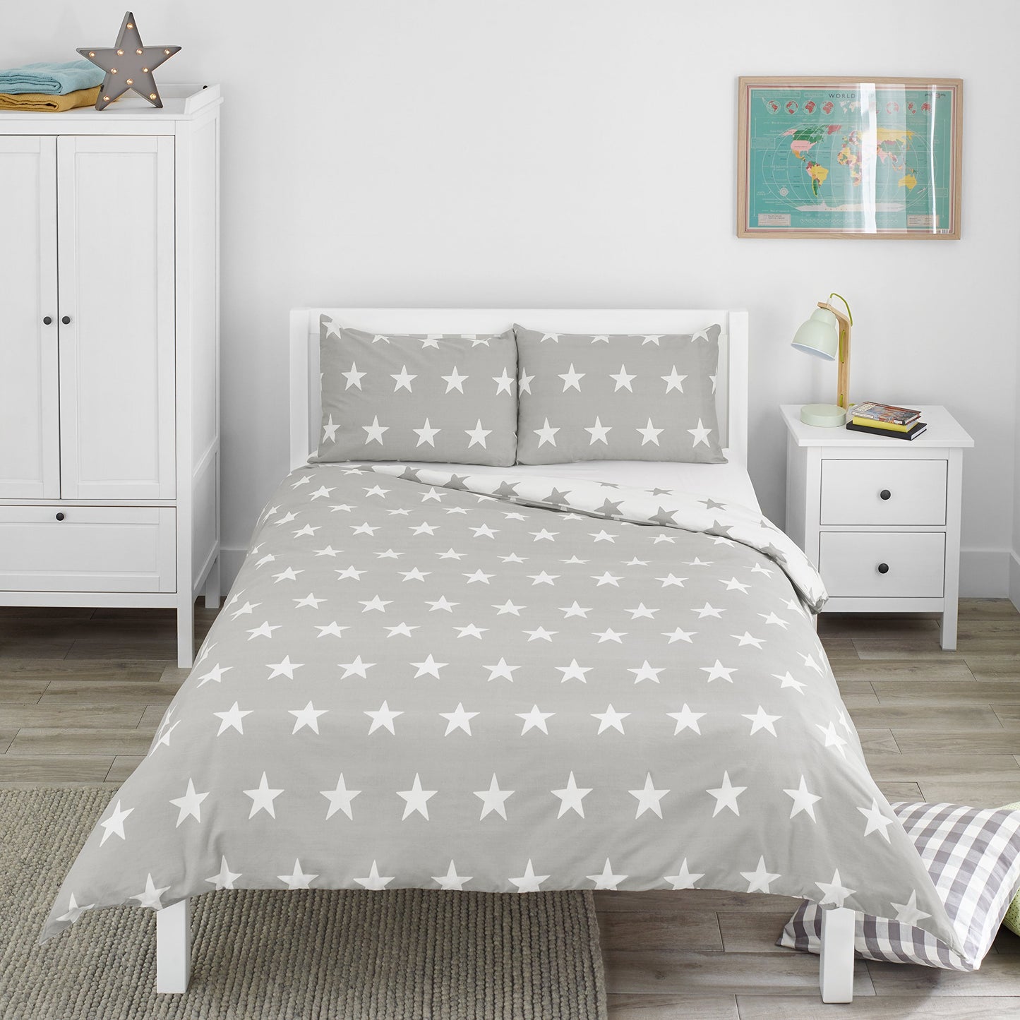 Bloomsbury Mill - Set Copripiumino Singolo Bambino e Bambina - Grigio & Bianco Stelle - Lenzuola Letto Singolo Reversibile - Set di Biancheria da Letto per Bambini - 135x200cm e Federe