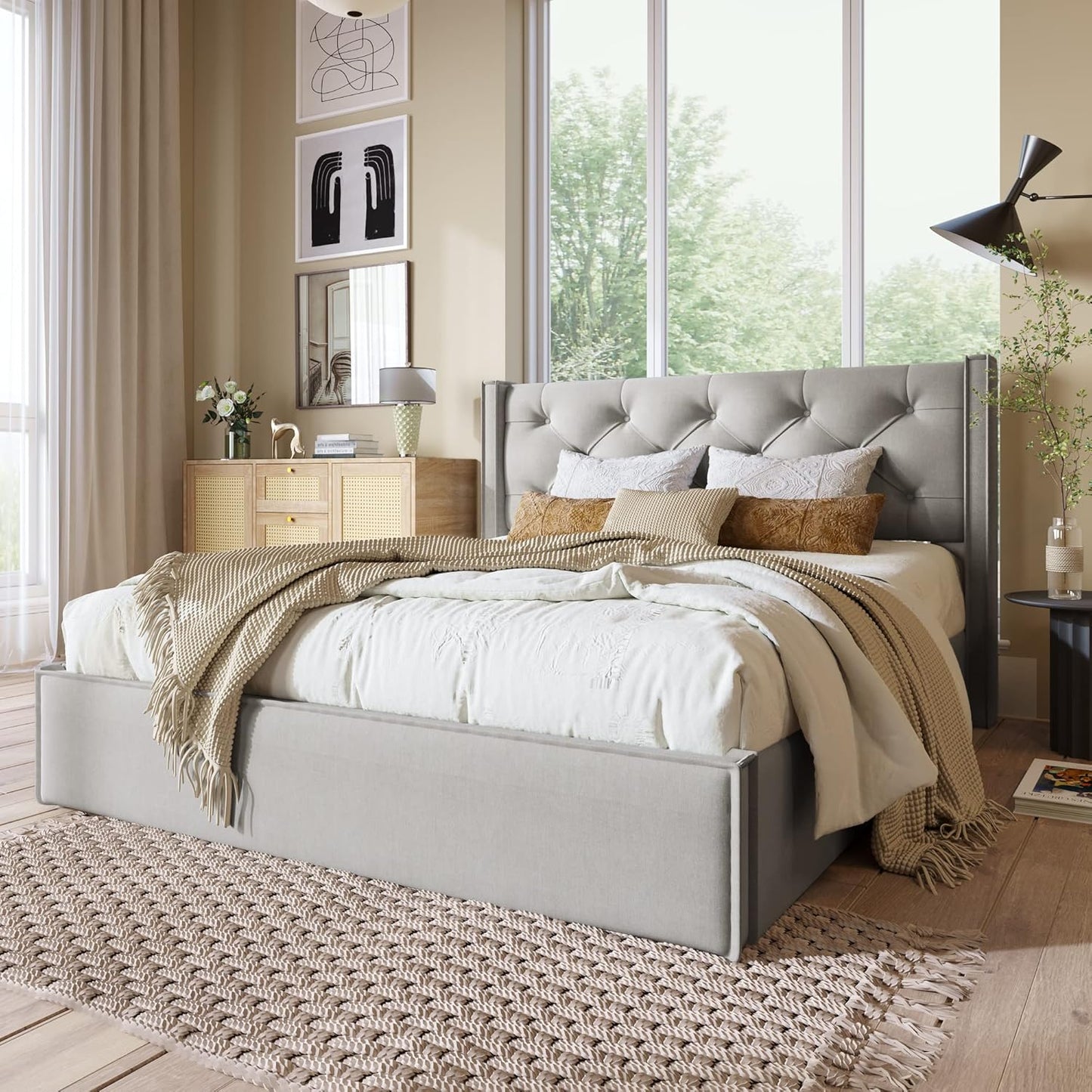 Letto Imbottito 160X200 Idraulico per Adulti con Rete a Doghe in Legno, Struttura e Testata, Moderna con Contenitore Sottoletto, Cotone, Grigio Chiaro, Senza Materasso