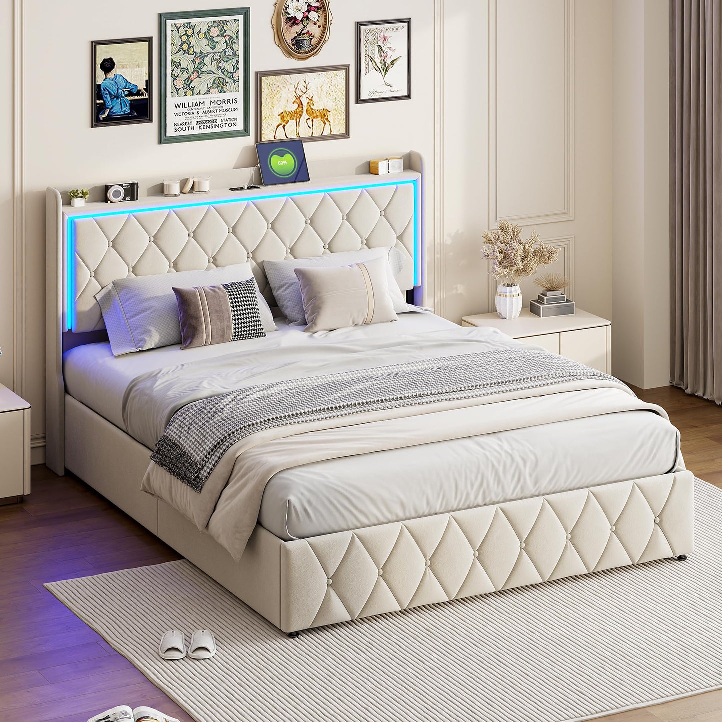Letto baule 160 x 200 con rete, letto imbottito in velluto con letto matrimoniale, telaio letto imbottito con contenitore letto imbottito per adulti (Beige-B, 160 x 200 cm)