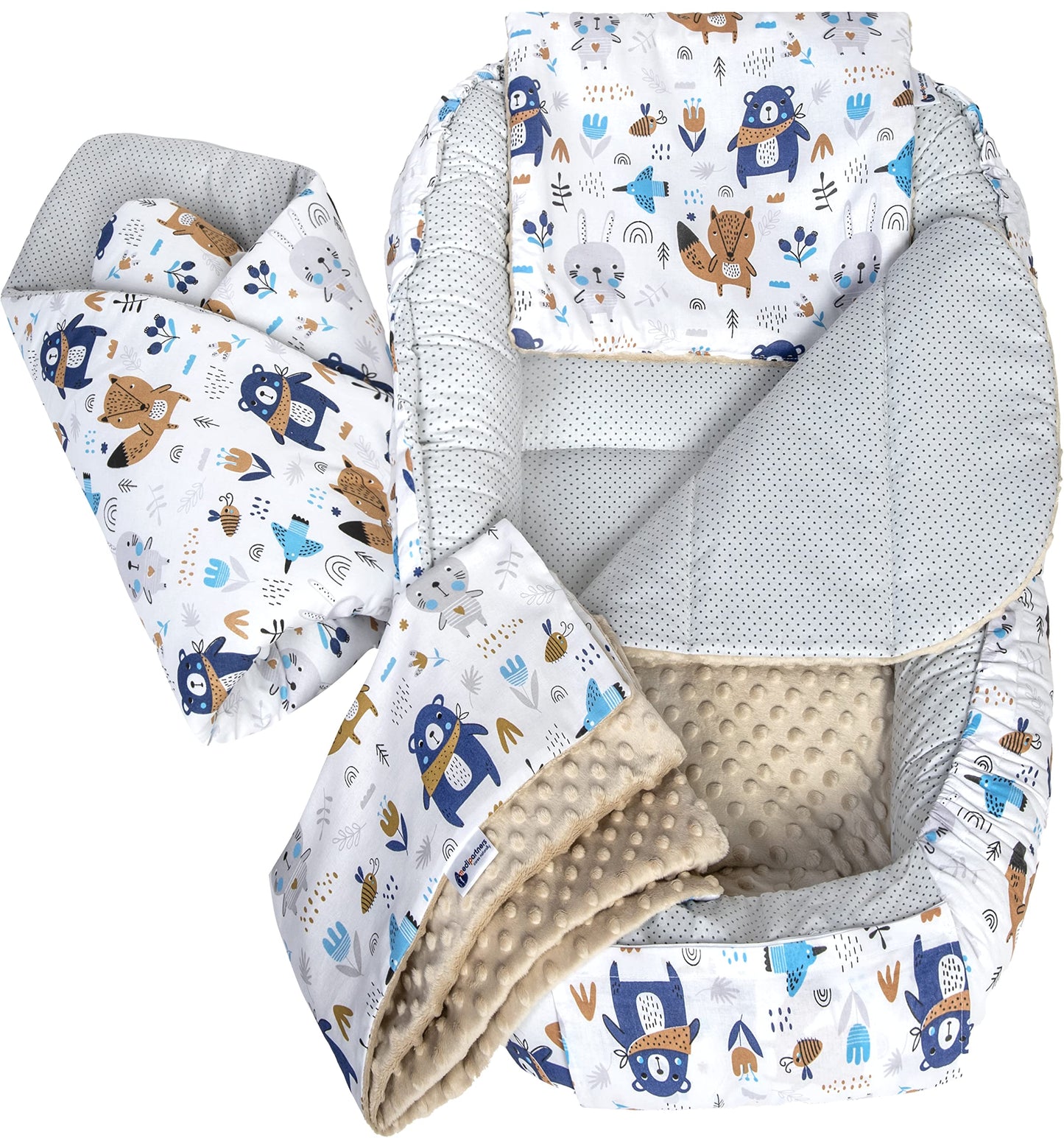 Medi Partners 5-Parti Nido per Bebè 100x60x15 Inserto Rimovibile Letto Cuscino Coperta bambini neonati 100% Cotone (Safari con Minky beige)