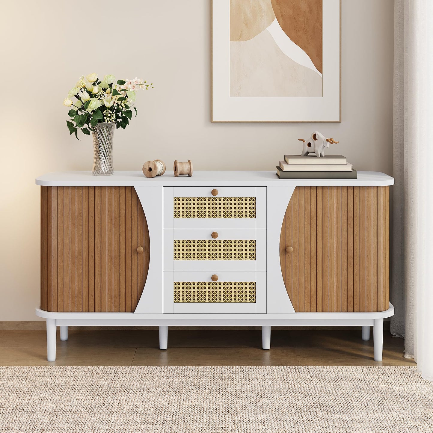 Credenza, armadio da cucina con 4 cassetti e 3 ante, per cucina, buffet con piano di lavoro, per sala da pranzo, soggiorno, 140 x 40 x 80 cm