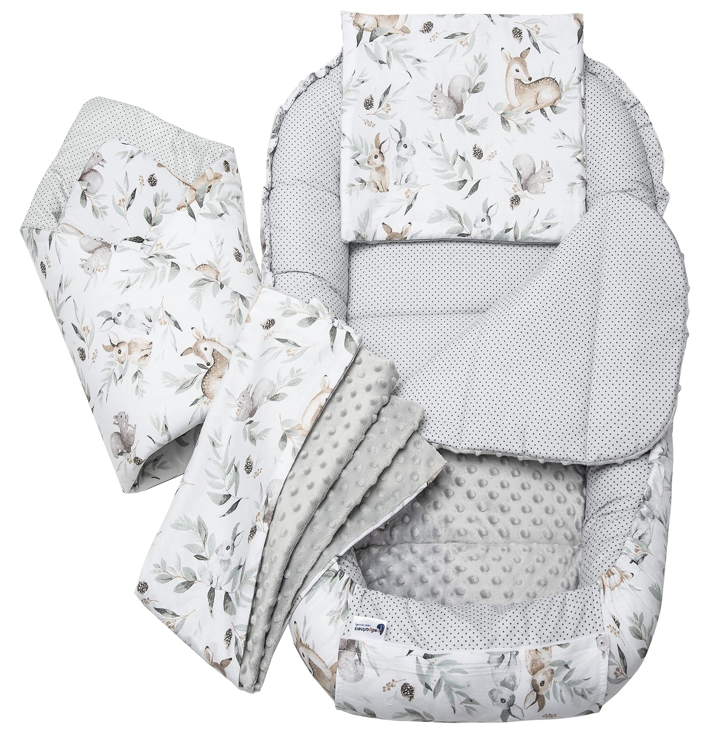 Medi Partners 5-Parti Nido per Bebè 100x60x15 Inserto Rimovibile Letto Cuscino Coperta bambini neonati 100% Cotone (Safari con Minky beige)