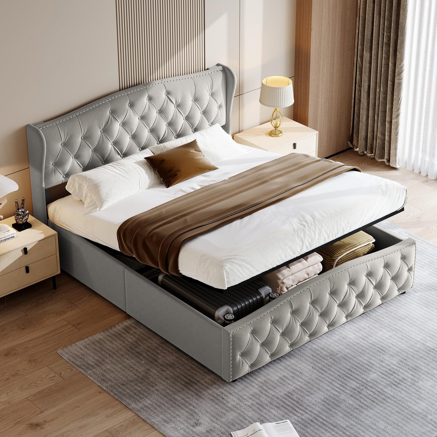Letto baule 160 x 200 con rete, letto imbottito in velluto con letto matrimoniale, telaio letto imbottito con contenitore letto imbottito per adulti (Beige-B, 160 x 200 cm)