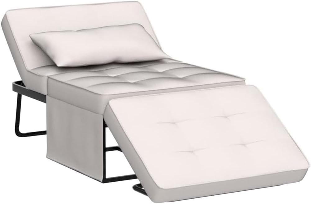 Divano Letto 4 in 1 con Tasca Portaoggetti Laterale, Divanetto Seduta Morbida e Imbottita ad Alta Densità Trasformabile Chaise Longue, Ottomana, Poggiapiedi, Letto (Beige)