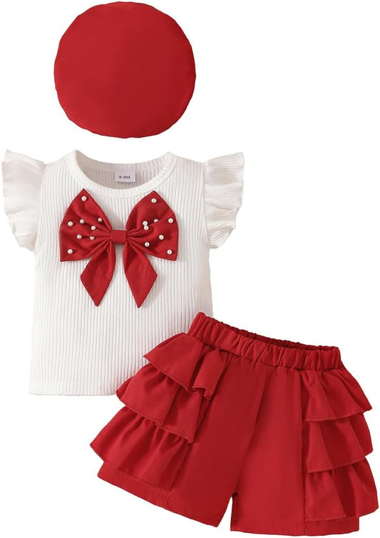 LUVCES Abbigliamento Bambina Estivi Set Maniche a Balze Fiocco di Perle Top + Pantaloncini con Orlo a Balze +Berretto 3 Pezzi Eleganti Completo Set