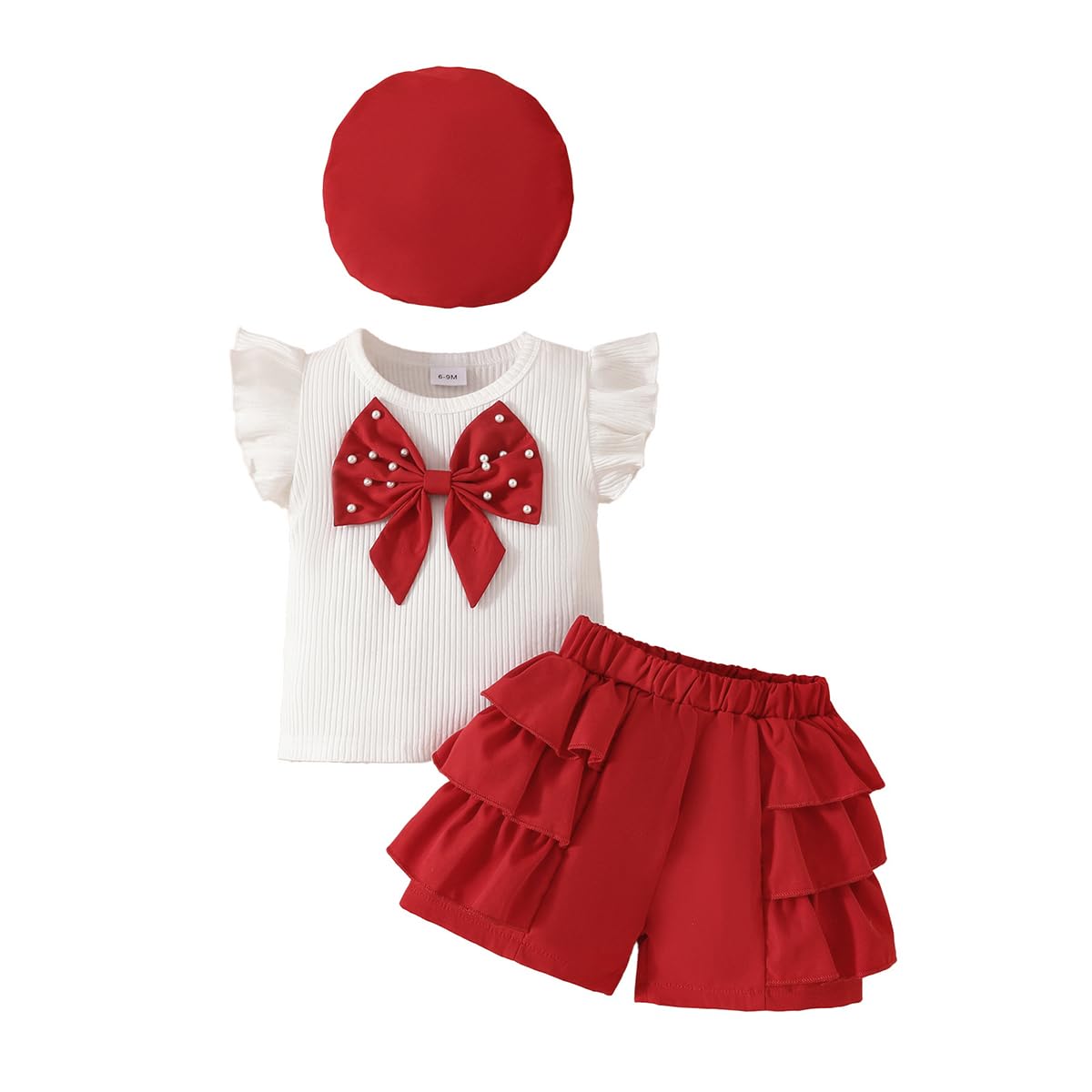 LUVCES Abbigliamento Bambina Estivi Set Maniche a Balze Fiocco di Perle Top + Pantaloncini con Orlo a Balze +Berretto 3 Pezzi Eleganti Completo Set
