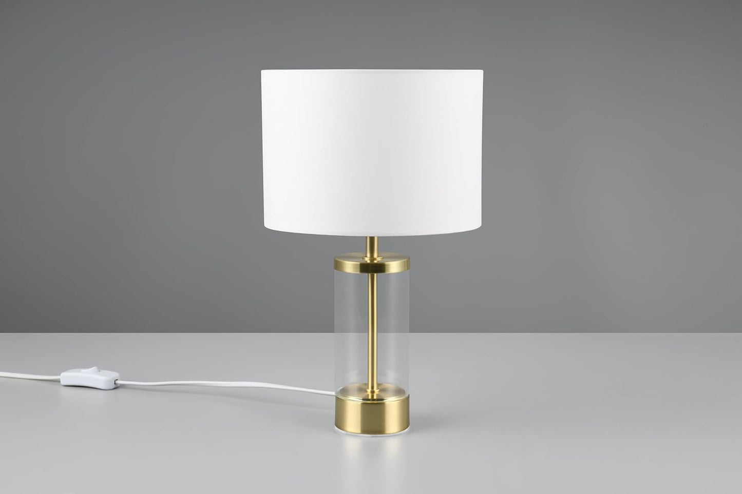 Reality Leuchten Lampada da tavolo GRAZIA R51711008, ottone opaco metallo, vetro trasparente, paralume in tessuto bianco, escl. 1x E14