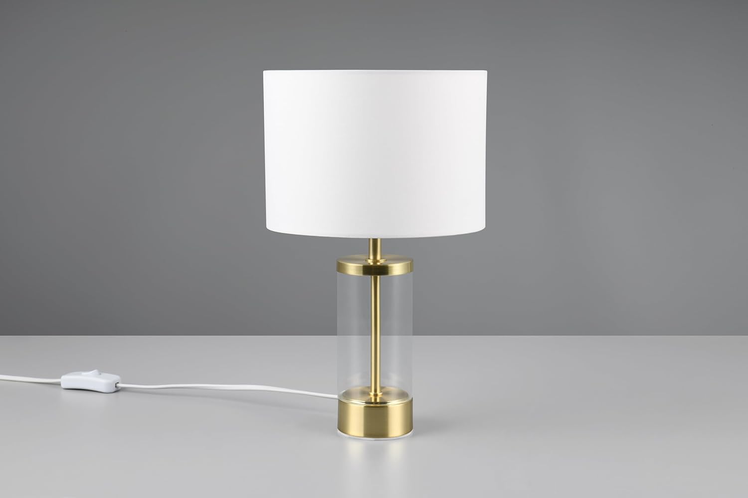 Reality Leuchten Lampada da tavolo GRAZIA R51711008, ottone opaco metallo, vetro trasparente, paralume in tessuto bianco, escl. 1x E14
