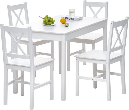 Tavolo Cucina con 4 Sedie Set da Pranzo Legno di Pino Modern Tavolo da Pranzo con 4 Sedie Tavolo e Sedie Cucina Salvaspazio (Bianco)