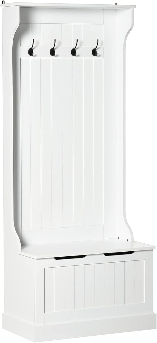 HOMCOM 3 in 1 Appendiabiti da Ingresso con Scarpiera, Attaccapanni da Terra Salvaspazio con 4 Ganci e Panca Contenitore, in MDF, per Corridoio, Camera da Letto, 71.5x39.5x170 cm, Bianco