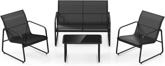 KOMFOTTEU Set da Bistrò in Tessuto Textilene, Set da Giardino in 4 Pezzi, Tavolo Portato 50 kg, 2 Sedie da Giardino Portate 150 kg, e Divanetto Portato 300 kg, Set Tavolo e Sedie da Esterno, Nero