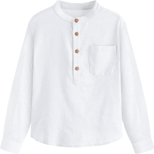 Inorin Camicia da ragazzo in lino con bottoni Henley a maniche lunghe, in cotone leggero, con una tasca
