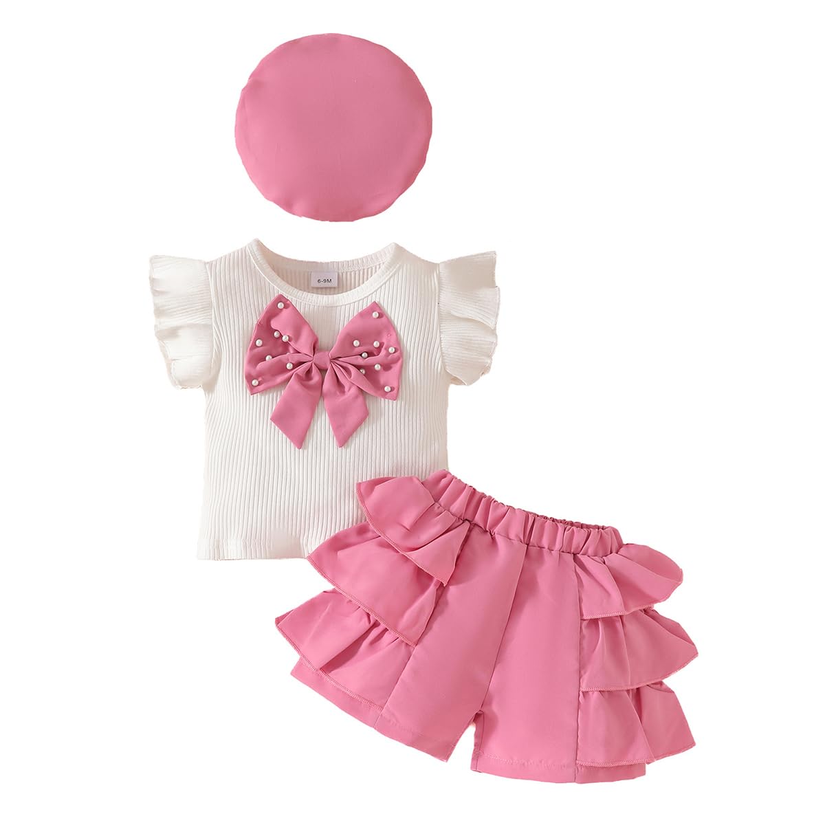 LUVCES Abbigliamento Bambina Estivi Set Maniche a Balze Fiocco di Perle Top + Pantaloncini con Orlo a Balze +Berretto 3 Pezzi Eleganti Completo Set