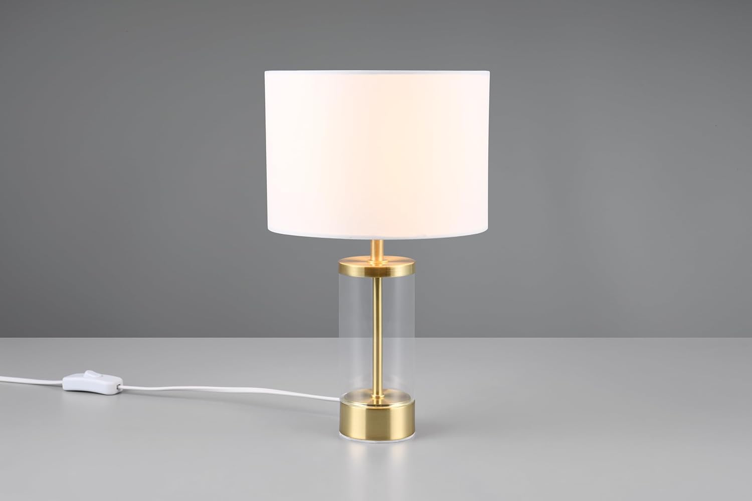 Reality Leuchten Lampada da tavolo GRAZIA R51711008, ottone opaco metallo, vetro trasparente, paralume in tessuto bianco, escl. 1x E14