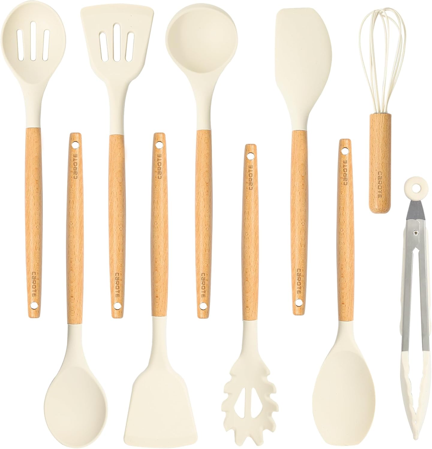 CAROTE Utensili Cucina Silicone 10 pezzi, Utensili da cucina antiaderenti resistenti al calore con manico,Cucchiai, palette e spatole in legno per cucinare,cuocere al forno, senza BPA, Lavastoviglie
