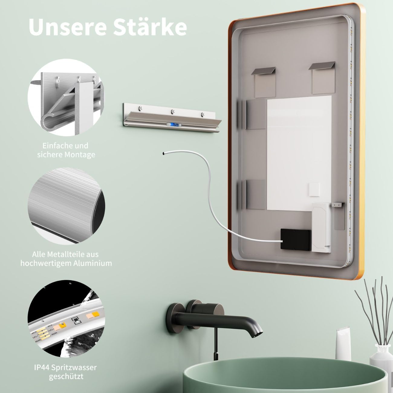Specchio-bagno LED antiappannamento 50x70/70x50cm (verticale/orizzontale) con cornice dorato. Specchio per il trucco con Interruttore Tattile+ Variazione di Luce bianca calda-fredda-neutra