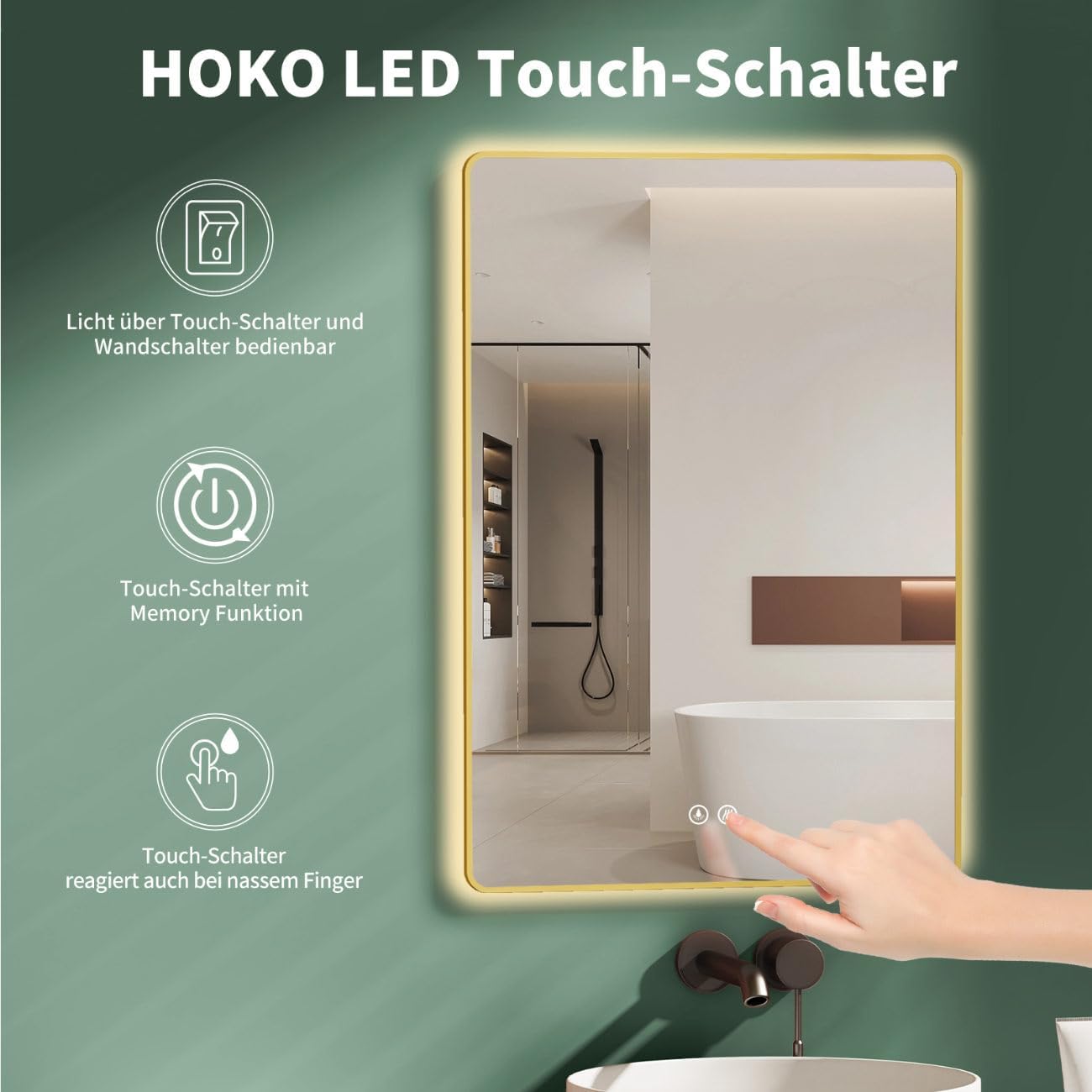 Specchio-bagno LED antiappannamento 50x70/70x50cm (verticale/orizzontale) con cornice dorato. Specchio per il trucco con Interruttore Tattile+ Variazione di Luce bianca calda-fredda-neutra