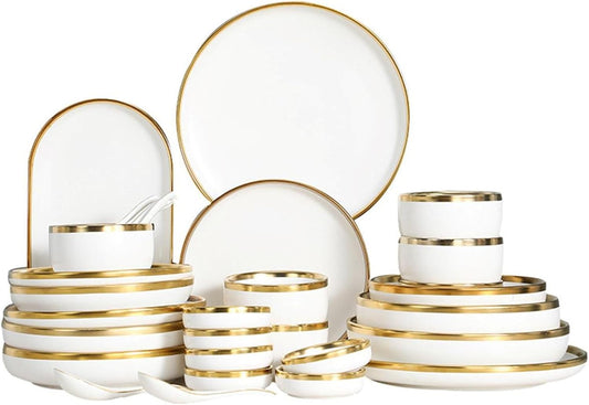 Set di stoviglie in ceramica bianca, set di piatti e ciotole in ceramica da 30 pezzi, set di stoviglie di grandi dimensioni in stile rustico for la cucina, resistente ai graffi