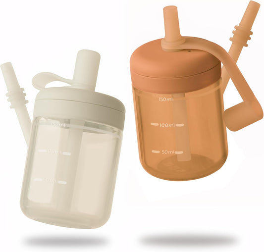 Moonkie Borraccia con Cannuccia, Bicchiere Antigoccia Bambini Silicone, Bicchiere con Cannuccia, Tazza con Cannuccia senza BPA, per Lavastoviglie, 6 Mesi+, 5oz(Argilla rossa/Avorio)