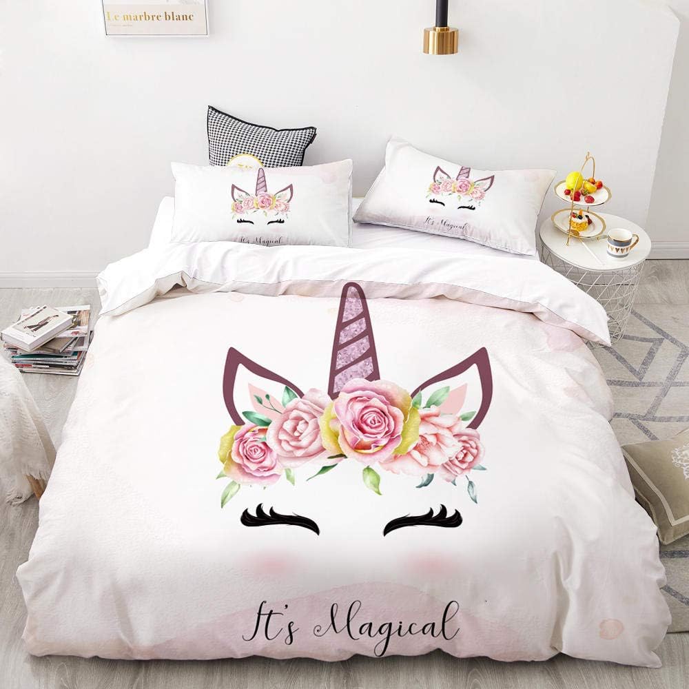 FWDDDEQ® Fiore di Rosa Animale Unicorno Set di Biancheria da Letto di Singolo 135X200 Cm Bambini 3D Stampa Digitale, Set Copripiumino 3 Pezzi in Microfibra con Chiusura E Federa A Cerniera - Antialle