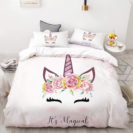FWDDDEQ® Fiore di Rosa Animale Unicorno Set di Biancheria da Letto di Singolo 135X200 Cm Bambini 3D Stampa Digitale, Set Copripiumino 3 Pezzi in Microfibra con Chiusura E Federa A Cerniera - Antialle