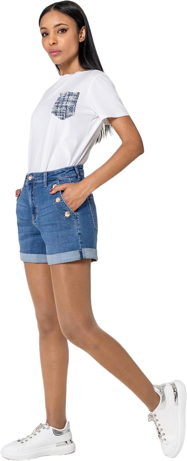 Nina Carter Pantaloncini da donna a vita alta, in jeans, look usato, eleganti pantaloncini estivi in denim