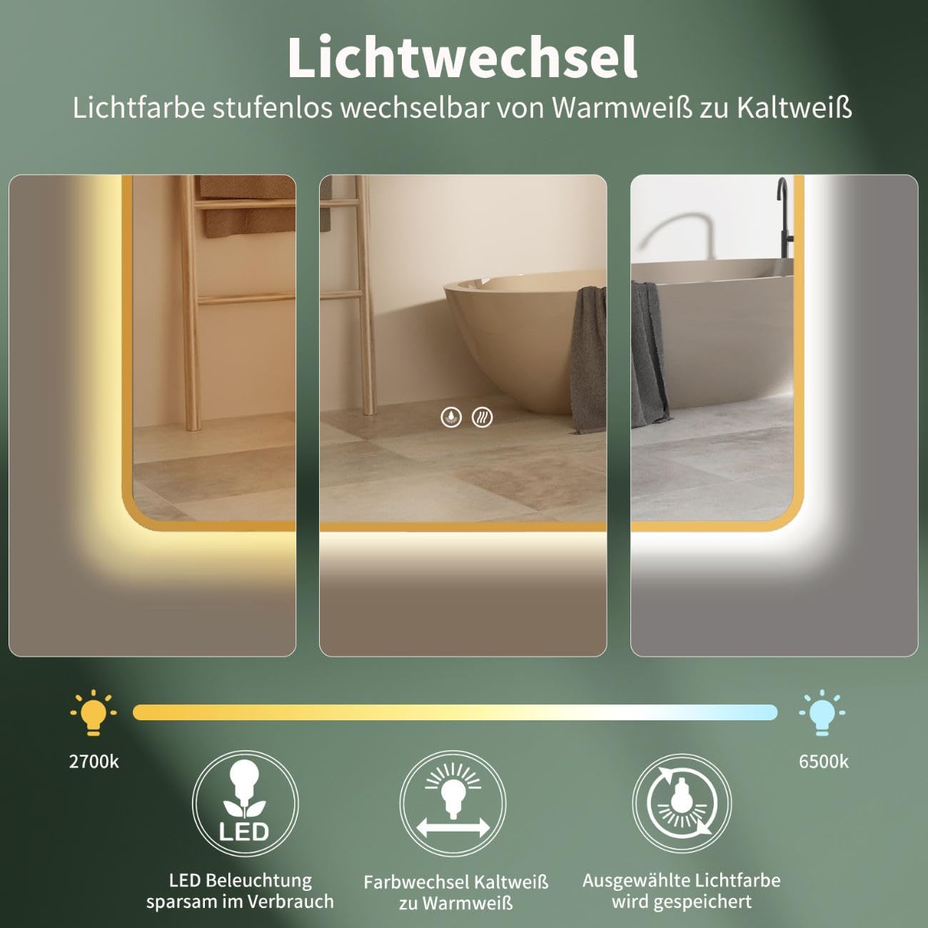 Specchio-bagno LED antiappannamento 50x70/70x50cm (verticale/orizzontale) con cornice dorato. Specchio per il trucco con Interruttore Tattile+ Variazione di Luce bianca calda-fredda-neutra