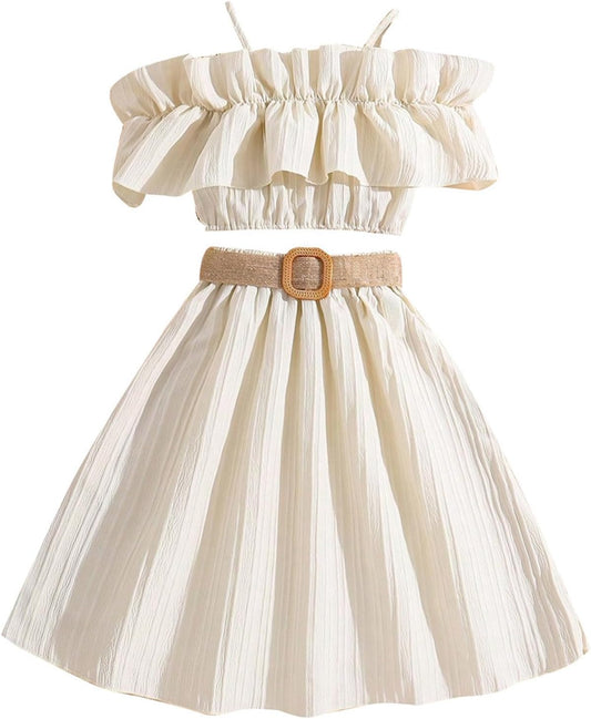 Completo Estivo 5 Anni Le ragazze del bambino inverno senza maniche in tinta unita volant top gonna con cintura 3 pezzi abiti set di vestiti per Bimbe