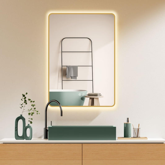 Specchio-bagno LED antiappannamento 50x70/70x50cm (verticale/orizzontale) con cornice dorato. Specchio per il trucco con Interruttore Tattile+ Variazione di Luce bianca calda-fredda-neutra