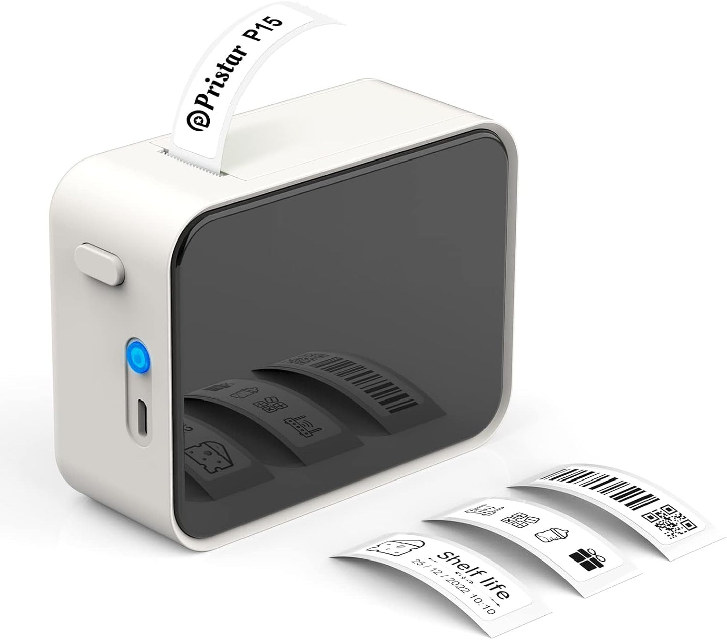 Pristar P15 Mini Etichettatrice Bluetooth - Portatile Stampante per etichette termica, Etichettatrice Etichette Adesive, Ricarica USB, Compatibile con i sistemi Android e iOS - Bianca