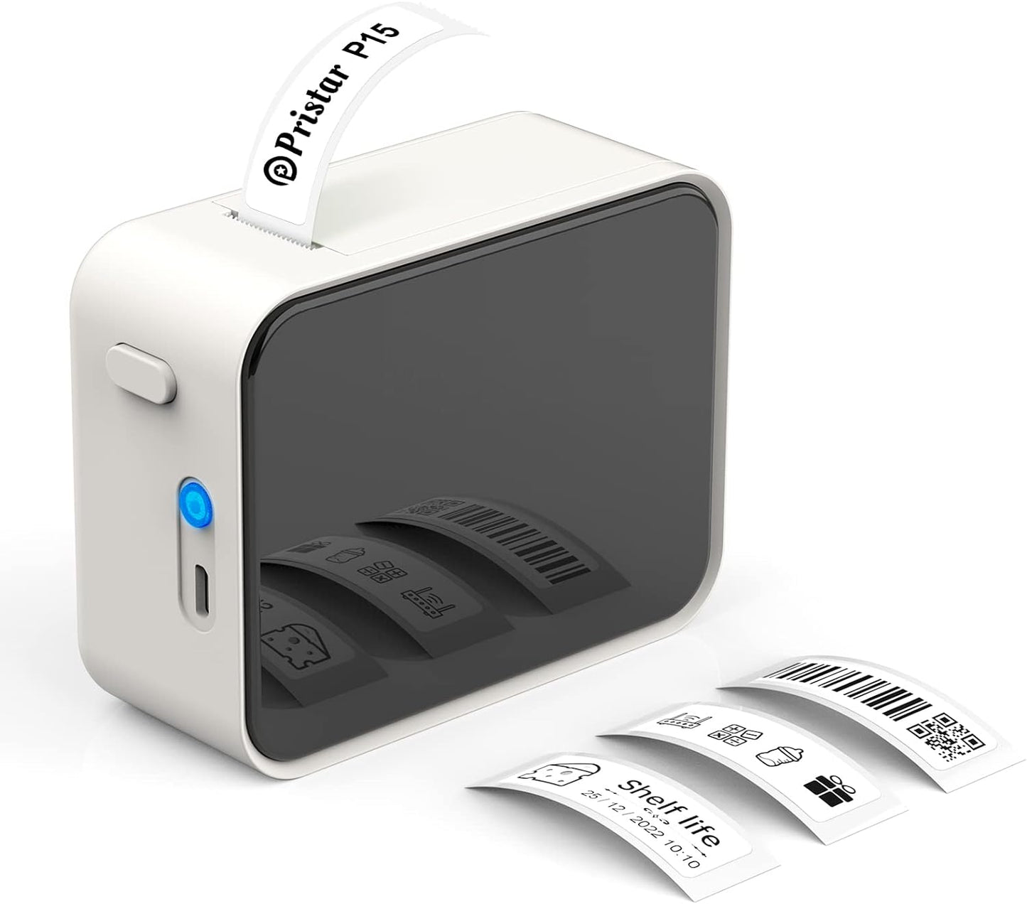 Pristar P15 Mini Etichettatrice Bluetooth - Portatile Stampante per etichette termica, Etichettatrice Etichette Adesive, Ricarica USB, Compatibile con i sistemi Android e iOS - Bianca