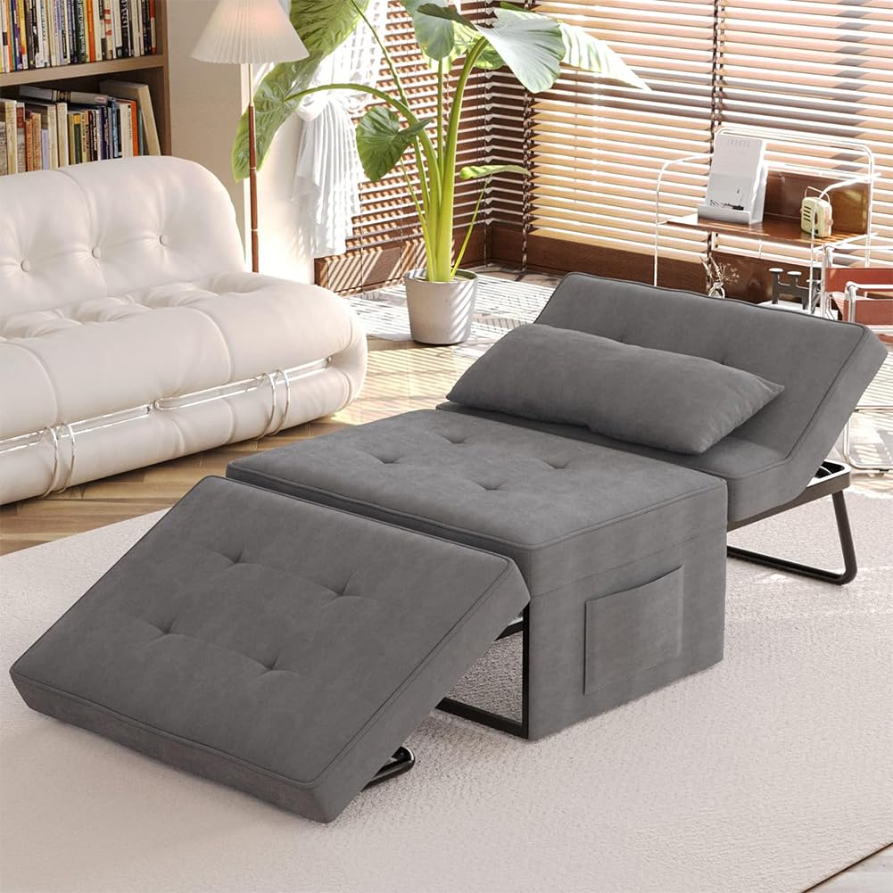 Divano Letto 4 in 1 con Tasca Portaoggetti Laterale, Divanetto Seduta Morbida e Imbottita ad Alta Densità Trasformabile Chaise Longue, Ottomana, Poggiapiedi, Letto (Beige)